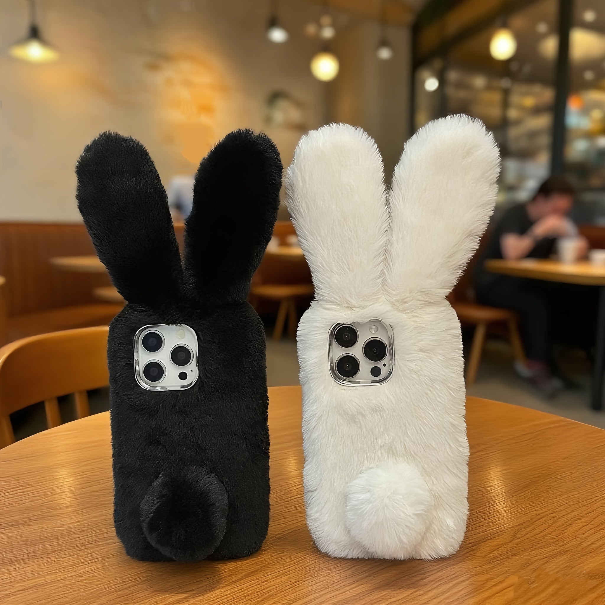 Black Plush Rabbit Phone Case Compatible with iPhone 17/17 Air/17 Pro/17 Pro Max/16 Pro Max/16 Pro/16/15 Pro Max/15 Pro/15/14 Pro Max/14 Pro/14/13 Pro Max/13 Pro/13 - Autumn Winter Protective Cover for Women