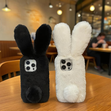 Black Plush Rabbit Phone Case Compatible with iPhone 17/17 Air/17 Pro/17 Pro Max/16 Pro Max/16 Pro/16/15 Pro Max/15 Pro/15/14 Pro Max/14 Pro/14/13 Pro Max/13 Pro/13 - Autumn Winter Protective Cover for Women
