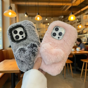 Plush Pink And Gray Three-Dimensional Heart Mobile Phone Case Suitable for Apple 16 Pro Max/16 Pro/16/15 Pro Max/15 Pro/15/14 Pro Max/14 Pro/14/13 Pro Max/13 Pro/13/12/11 Autumn And Winter