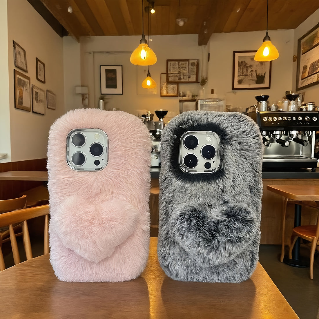 Plush Pink And Gray Three-Dimensional Heart Mobile Phone Case Suitable for Apple 16 Pro Max/16 Pro/16/15 Pro Max/15 Pro/15/14 Pro Max/14 Pro/14/13 Pro Max/13 Pro/13/12/11 Autumn And Winter